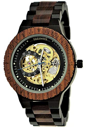 Holzwerk Germany Handgefertigte Automatik Herren-Uhr Öko Natur Holz-Uhr Armband-Uhr Braun Schwarz Gold Analog