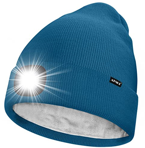 ATNKE LED Mütze mit Licht,Wiederaufladbare USB 4 LED Beleuchtete Laufmütze Extrem Heller Lampe Winter Warme Gefüttertes Fleece Stricken Mütze für Herren und Damen Geschenke