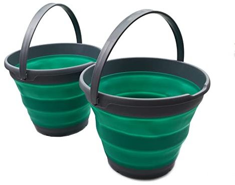 SAMMART Faltbarer Kunststoffeimer für den Außenbereich, 10 l, 2 Stück, zusammenklappbar, runde Wanne, tragbarer Wassereimer zum Angeln, platzsparend, 31 cm (Dunkelgrau/Bläulich-Grün)