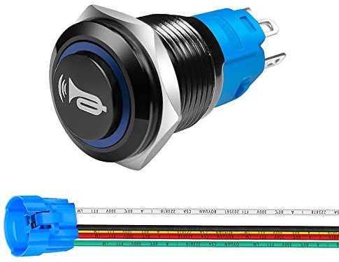 Gebildet 16mm 12V-24V/5A Momentary Switch, Speaker Horn Black Push Button with Pre-Wiring, Waterproof Metal Switch with Blue Led Light for Car Boat