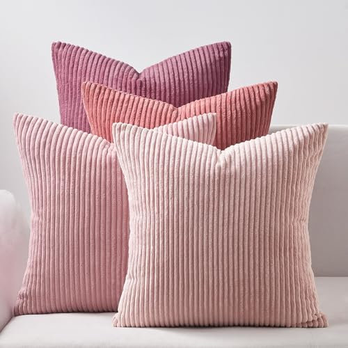 Topfinel Kissenbezug 50x50 cm rosa 4er Set Kordsamt Kissenbezüge Kissenhülle Dekokissenbezug sofakissen dekokissen deko für Sofa Schlafzimmer Wohnzimmer Balkon Kinder flauschig Farbverlauf, Gestreift