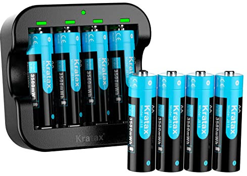 Kratax Lot de 8 piles au lithium AA rechargeables 1,5 V 1600 cycles pour caméra de surveillance Xbox Contrôleur souris sans fil 1,5 V AA Batterie Lithium et chargeur noir