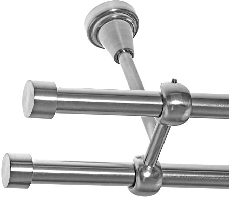 BASIT Gardinenstange Edelstahllook 16mm 2-läufig Decke 320cm lang D24 | Gardinenstangenset doppelläufig Deckenmontage Metall Vorhangstange Deckenhalterung 120-600cm wählbar Kappe E16