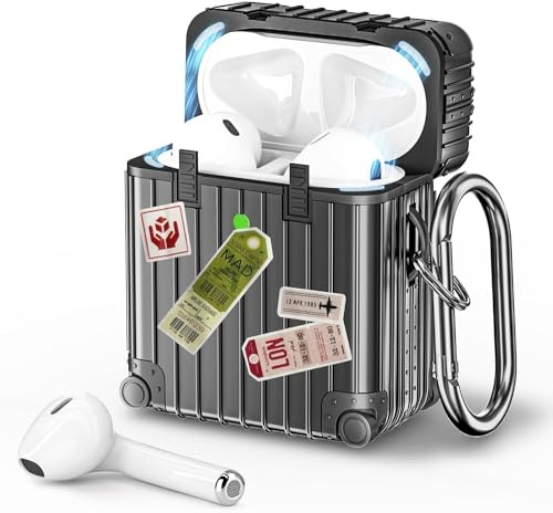 VISOOM für Airpods 2 & 1 Hülle mit Karabiner, Schwarz | niedlich Suitcase stoßfeste TPU Schutzhülle für Airpods 1/ 2 Case mit DIY-Aufklebern, Front-LED Sichtbar, Kabelloses Laden