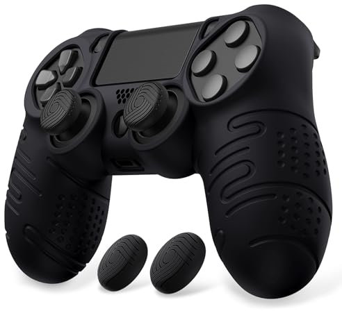 playvital Cover per ps4 Controller,Custodia Skin Protettiva Silicone Antiscivolo per ps4 Slim PRO Joystick con Gommini Copri Levette Analogiche(Linea&Punto Edizione)-Nero