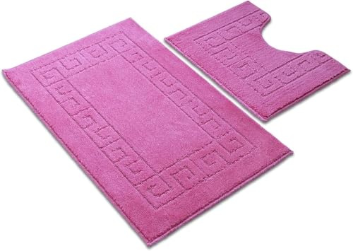 Paradise Products Greek Style Bath Mat Set 2-Piece Non-Slip Bathroom Mats, Shower Mat & Pedestal Mat Soft Washable Quick-Dry Bath Mats for Bathroom Floor Anti-Mould Bath Rug Set (Pink)