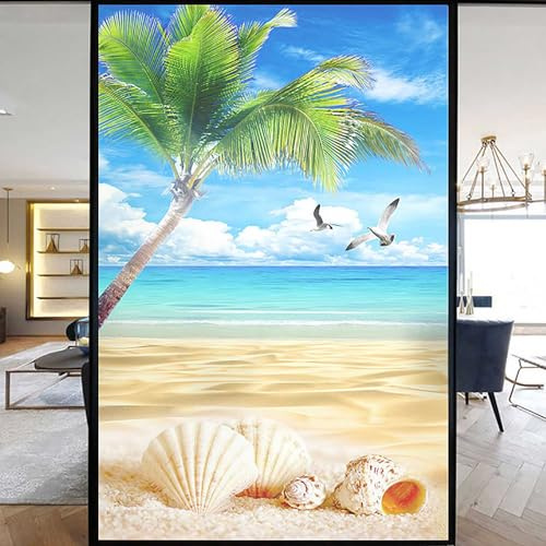 XQKXHZ Vinilos para Cristales No Adhesivo Película de Ventana Diseño de Vitral Moderno Lámina Decorativa 3D Efecto Paisaje Marino Película Opaca Esmerilada para Oficina,Baño,Cocina,B1,40x100cm