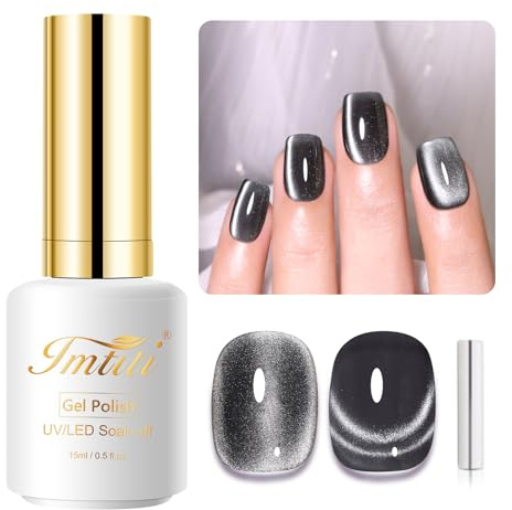 Imtiti Moonlight Cat Eye Gel Nagellack, 15ml Nude Grau Schwarz Holographic Cat Eyes Glitter Magnetic UV Soak Off Gel Nagellack mit Magnetic Stick für Nail Art 1Pcs