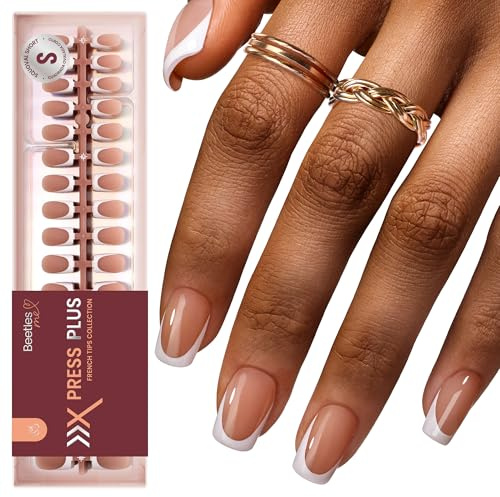 Beetles French Tip Press on Nails Short Square Brown Color, 224pcs 16 Sizes | Press on nails White French 4 in 1 Gel Nail Tips, DIY Nail Art Salon Quality Manicure Gift for Girls No File Need