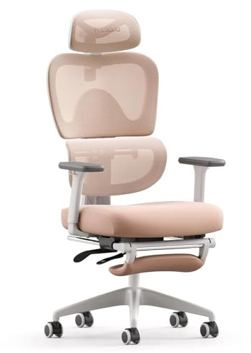 MUSSO E600 SE Bürostuhl mit Fußstütze und Lendenstütze, Rosa | 155–178 cm, 3-Stufen-Rückenstütze, Kopfstütze, 3D-Armlehnen, 5 cm Sitztiefe, Mesh, 90–125° Neigung