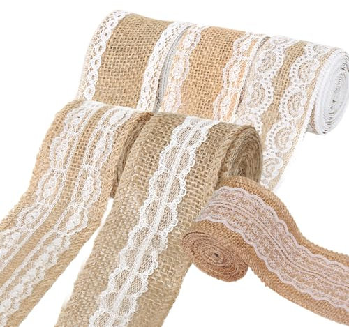 Juteband mit Spitze, 6x2M Vintage Basteln Jutebänder, Jute Spitze Dekoband für DIY Handwerk Weihnachten Deko Hochzeit Party Basteln Geschenkband