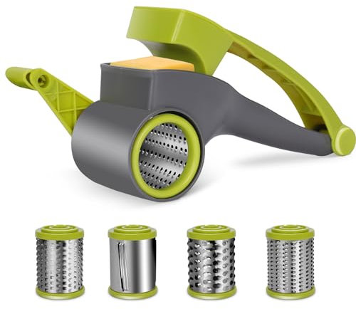 MASTERTOP Käsereibe mit Kurbel,4 in1 Rotierende Rotary Käsereibe mit 4 Edelstahltrommel, Rotierende Trommelreibe Gemüseschneider Reibe für Hartkäse, Schokolade,Nüssen, Gewürzen