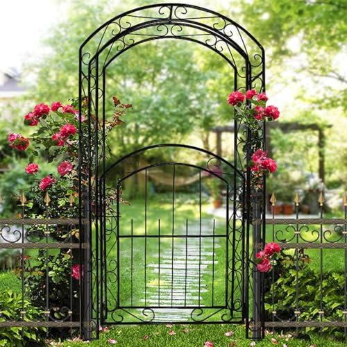 Rosenbogen mit Tür, Gartenbogen Metall, 215 x 115 x 43 cm (HxBxT) Rankbogen für Kletterpflanzen, Rankhilfe Rankgitter Rosenspalier, für Hochzeit Partys Garten, Schwarz