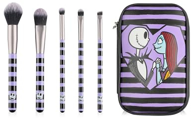 Disney The Nightmare Before Christmas Makeupborstset för Kvinnor | Randiga Sminkborstar för Damer med Förvaringsfodral i Lila & Svart | Blandade Sminkborstar för Ansiktet med Jack & Sally