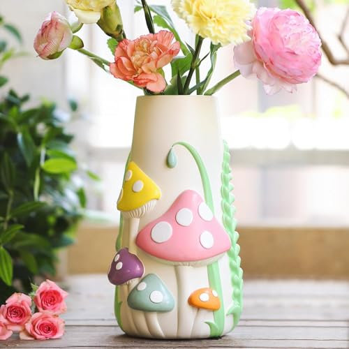 Amicera Cute Flower Vase for Decor, 20cm Tall Decorative Mushroom Vases for Flower, Rainbow Funky Mushroom Decor, Eclectic Bedroom Decor Aesthetic Unique Garden Gifts, Pastel