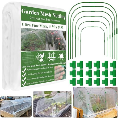 WYRJXYB Garden Mesh Netting Kit,3 x9M Ultra Fine Netting Pest Barrier & 6 Set Tall Garden Hoops & 18 clips-Greenhouse Hoop Net for Raised Beds Plants Cover Vegetable Fruits Flower Birds Protection Net