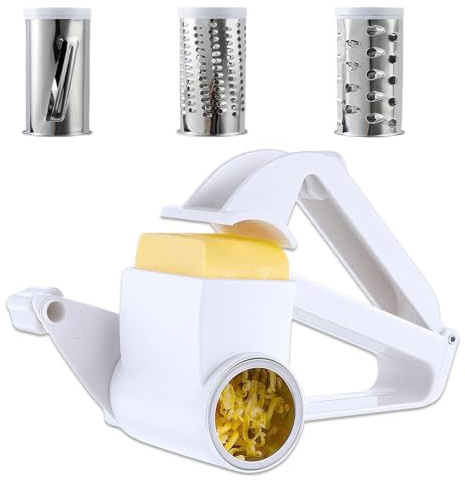 Rotary Cheese Grater, Manual Stainless Steel Food Grater with 3 Interchangeable Drums for Cheese, Chocolate, Handheld Shredder for Kitchen and Cooking