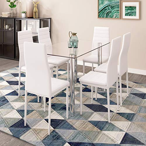 Moderno juego de mesa de comedor de cristal con 6 sillas, mesa rectangular, asientos acolchados suaves, color blanco, elegante muebles de cocina y comedor