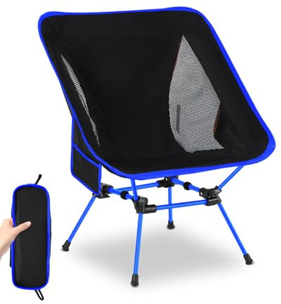 Campingstuhl Faltbar, Tragbare Campingstühle mit 2 Seitentaschen & Atmungsaktives Mesh, Tragfähigkeit 150kg, Ultraleicht Kleiner Faltstuhl für Reisen, Wanderungen, Picknicks, Angeln(Blau)