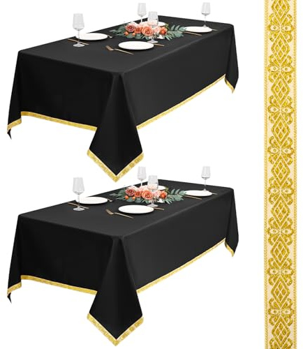 Teruntrue 2er-Set Schwarze Tischdecken 153x260cm aus Polyester mit Goldfaden-Jacquardkante, Knitterresistent für 1,8m Tische – Premium-Tischwäsche für Hochzeiten, Partys, Banketten