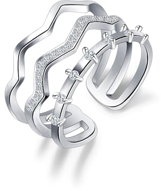 ALEXCRAFT Anello Argento per Donne, Anelli Aperto con Zirconi Regolabile, Moda Anello Impilabile, d'Onda, Brillante, Antiallergico, Anello di Amicizia, Regalo per Ragazza Madre