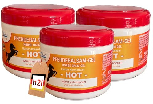 h2i Pferdebalsam Gel HOT – wärmendes Muskel- & Gelenkgel mit Arnika, Kampfer, Rosmarinöl & Chili – entspannendes Wärmegel für Rücken, Nacken & Beine – schnell einziehend – 3 x 500 ml – Made in Germany