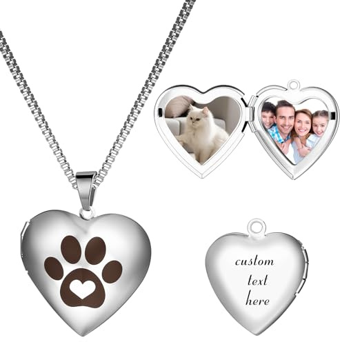 Cupimatch Herz Medaillon zum Öffnen: Personalisierte Haustier Bilder Halskette mit Pfoten-Motiv für 2 Fotos Elegant Edelstahl Herzanhänger mit 61cm Kette Geschenke für Eltern Kinder Familienmitglieder