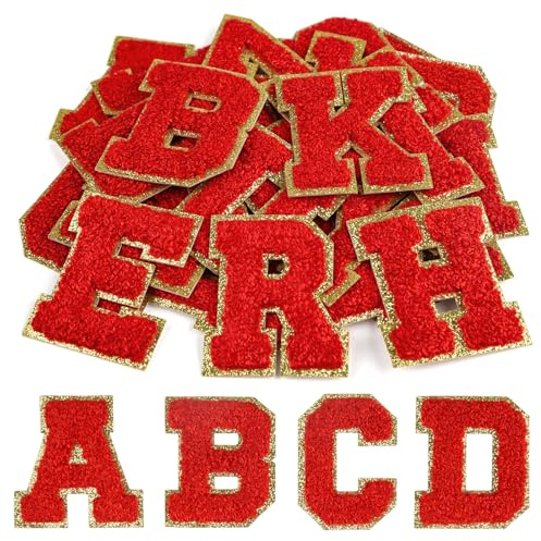 CHRORINE 26/52/104 Stück Selbstklebende Chenille Buchstabenflicken A-Z, Kann auch Nähen oder Bügeln, Bestickte Alphabet Patch Aufkleber für DIY Kleidung, Taschen, Hüte (26, Rot, Höhe 2,16″)