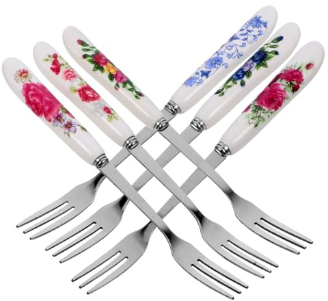 ULTECHNOVO 6Pcs Stainless Steel Dessert Forks with Ergonomic Ceramic Handles Multi Function Small Forks for Cake Pastry and Fruit for Parties and Daily Use