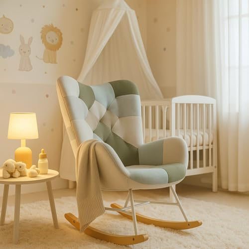 MEUBLE COSY Sedia a Dondolo per Allattamento, Poltrona Nursing Comoda e Sicura, Seduta Imbottita, Legno Massiccio, Ideale per Cameretta