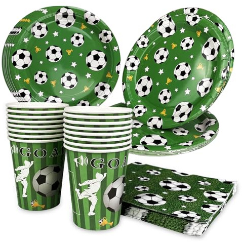 SOSOLOVE 52 Pièces Vaisselle de Fête, Papier Assiettes, Gobelets Serviettes, Football Decoration Fête Anniversaire Kit, Foot Thème, Deco Party Fourniture, pour Cadeau D'anniversaire, 16 Invités