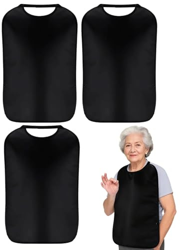 3 Stück Wasserdichte Lätzchen für Erwachsene, Mehrweg Waschbar Senioren Lätzchen, Unisex Kleidungsschutz mit Krümelfänger, Leicht zu Reinigen, Schwarz