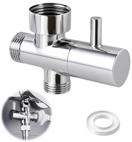 Shower Diverter Valve, 3 Way Water Diverter Connector BSP T-Type Adapter Upper Inlet G3/4 Lower Outlet G3/4(25mm) Side Outlet G1/2 (20mm) Replacement Part for Hand Held Showerhead Fixed Spray Head