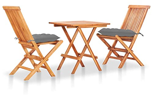 Mandloder 3-TLG. Bistro-Set, Massivholz Teak, Grau gepolsterte Kissen, klappbar, 60x60x65 cm, für Terrasse, Garten, Balkon, witterungsbeständig, Outdoor Möbel
