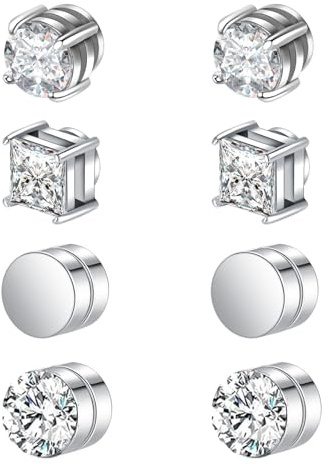 GWEOR 4 Paia di Orecchini Magnetici per Uomo e Donna - Orecchini a Clip Senza Foro con Zirconi, 6mm - Ideali per Appuntamenti, Feste e Vita Quotidiana - Regalo Moda Non Perforante