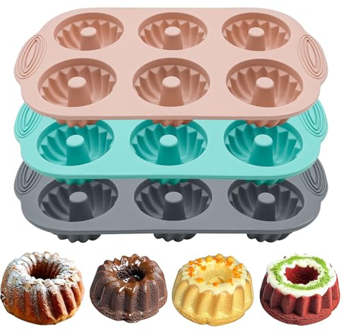YuleNova 3 Packs Mini Ring Cake Tin Silicone Cake Moulds Fluted Tube Cake Pans Silicone Baking Tins Baking Tray for Cupcake, Muffin, Donut