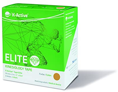 K-Active Kinesiologie Tape Elite BEIGE, mit STRATAGEL® PLUS Klebertechnologie, wasserabweisend und hypoallergen, 50 mm x 5 m, 6er Box