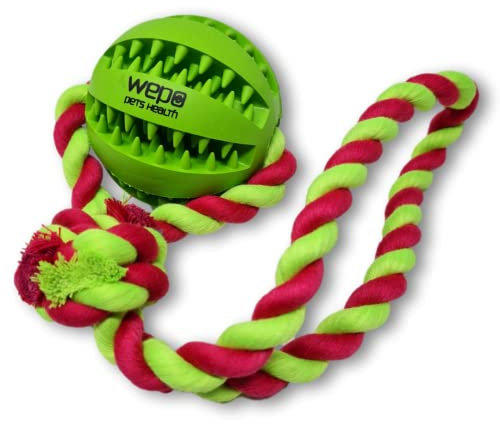 WEPO Ball für Hunde Grün Ø7cm - Spielsachen - Zahnpflegespielzeug - Wurfball - Welpen Zahnpflege aus Naturkautschuk - Für Große & Mittelgroße Hunde - Strick Rot/Grün