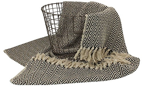 MACOSA SA87272 Hochwertige Wohndecke Schwarz Beige mit Fischgrat-Muster 100% Baumwolle Fransen-Decke Plaid Sofadecke Designdecke Wolldecke Reisedecke