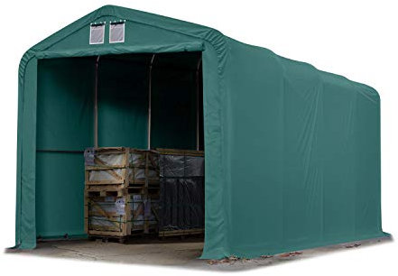 TOOLPORT Lagerzelt 4x8 m Zelthalle Unterstand / 3,35m Seitenhöhe feuersichere PRIMEtex PVC Plane 2300 N dunkelgrün mit Statik