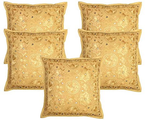 Stylo Culture Bohemio Forros para Cojines Decorativos 40x40 cm Algodón Espejado Fundas De Almohadones Sofa Amarillo Ocre 16x16 Inch Bordado Cuadrado sobre Cojin para La Cama - 5 Pcs