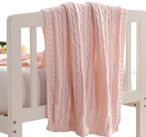 NTBAY 100% Pure Cotton Cable Knit Toddler Blanket, Super Soft and Warm Breathable Baby Blanket for Cot Bed, Stroller, Nursery, Travel, Newborn, Baby Pink, 76x102 cm