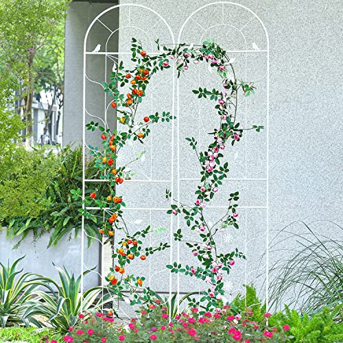 Sungmor Large Wrought Iron Garden Trellises for Climbing Plants - 82.5 Inch Tall & 2PC White PACK - Beautiful Retro Style Metal Fence Trellis - Gardening Vines Plant Support for Flower Rose Climbing