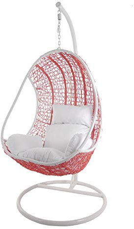 Swing Chair Hängesessel Hängestuhl Polyrattan Schwebesitz weiß pink (rosa_Frizzy/weiß)