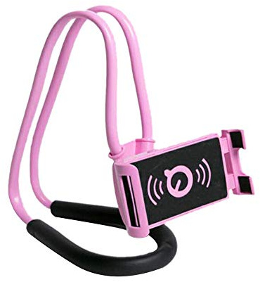 Lazy Cell Phone Mount Hanging on Neck, Xfaiz Flexible Long Arms Stand Clip Holder Stand 360 Rotating Multiple Functions for Desk Bed, Bike and Motorcycle (Pink)