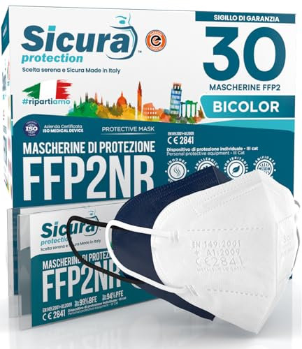 30 masques FFP2 certifiés CE BLEU et BLANC (15 + 15) Logo en relief SICURA Italie BFE ≥99% Fabriqué en Italie Masques FFP2 SANITISÉS et scellés individuellement