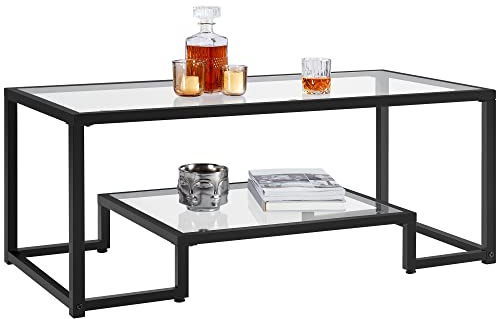 Yaheetech Coffee Table, Tempered Glass Coffee Table, Modern Simple Center Tables w/Geometric-Inspired Design & Metal-Frame & Easy Assembly & Open Storage Shelf for Living Room, Office, Black