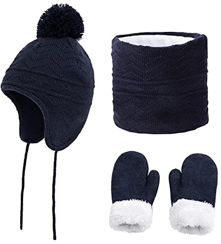 CheChury Enfant Bonnets Oreillette et Écharpes en Tricot Fille Épais Chaud Pompon Chapeaux avec Tour De Cou Bonnet Chaud Sets Gants Hiver Chapeau Garçon 0-5 Ans 3 Pièces,Bleu,L