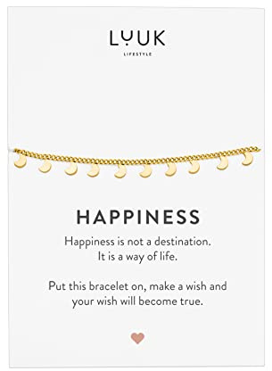LUUK LIFESTYLE Moderne Edelstahl Damen Armbänder mit Anhänger, HAPPINESS Spruchkarte, filigraner Damenschmuck, Geschenkidee, Glücksbringer, Gold, Silber und Roségold