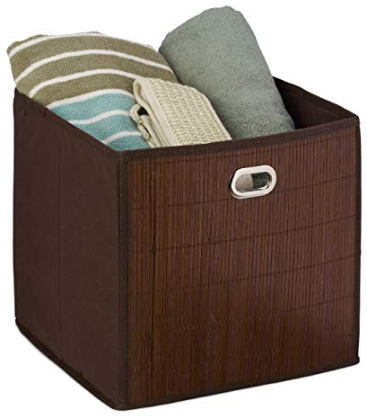 Relaxdays 2 x Aufbewahrungskorb Bambus, Badkörbchen quadratisch, Stoff Regalkorb hoch, HBT: 31 x 31 x 31 cm, faltbar, braun